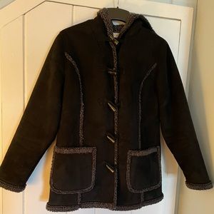 L.L. Bean Short Black Coat Faux Suede, Faux Sherpa, Toggle Buttons, with Hood